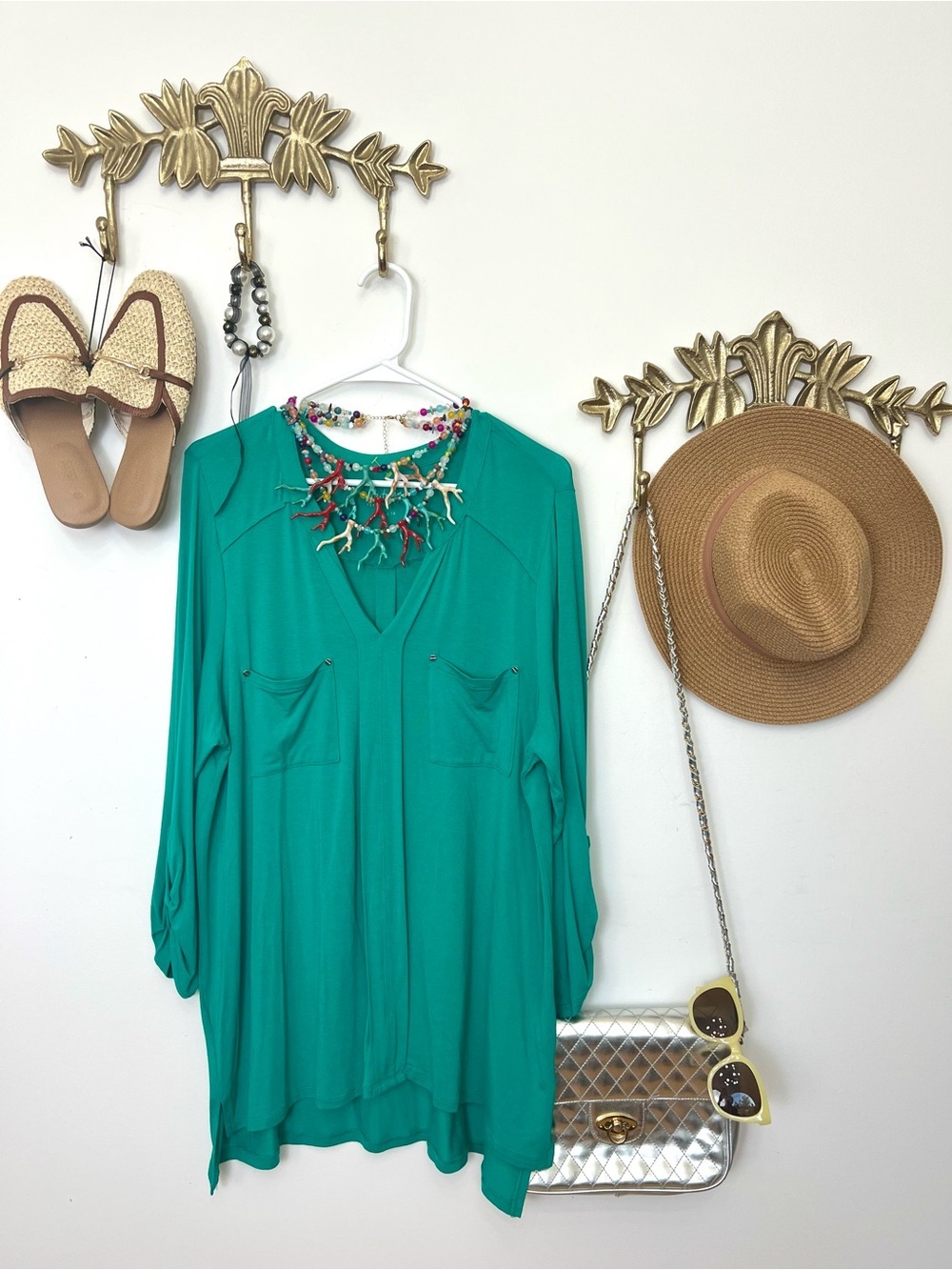Women's Teal Dress 3/4 Sleeve V-Neck Tunic Top - Teal 1x ptp 22” with stretch
